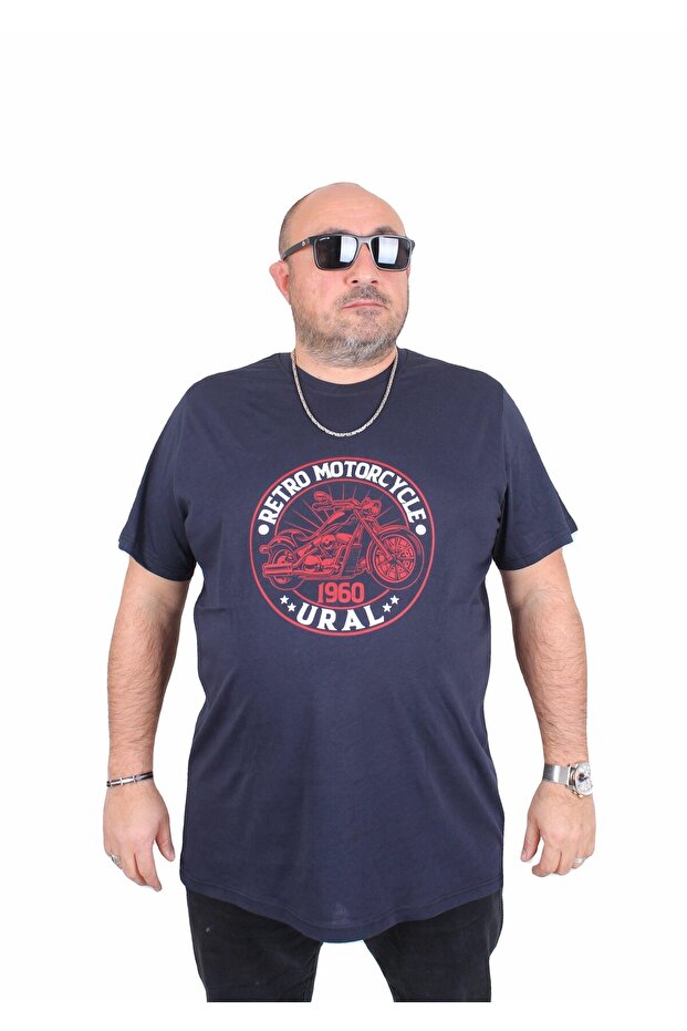 Men's Large Size Crew Neck T-Shirt Motorcycle 25171 Navy Blue