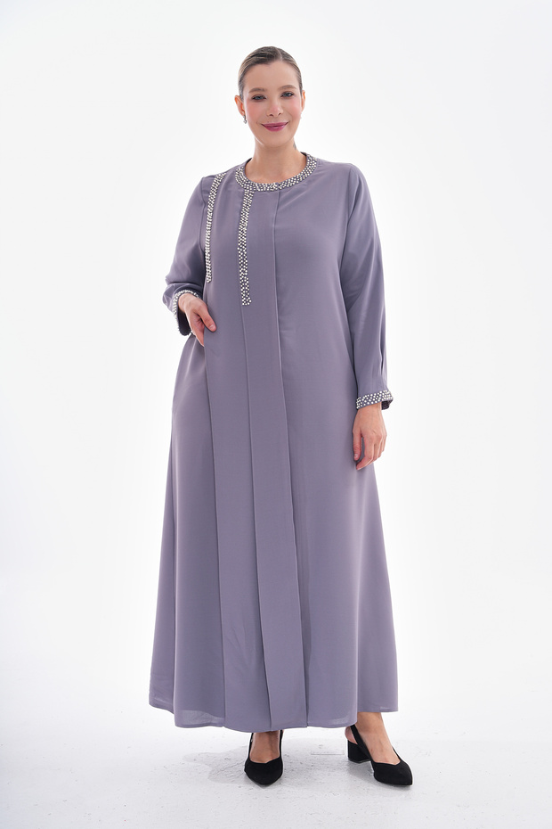 Hijap Light Gray Crepe Robe Wedding Dress with Pearls and Zipper Pockets Special Design Plus Size 44-50