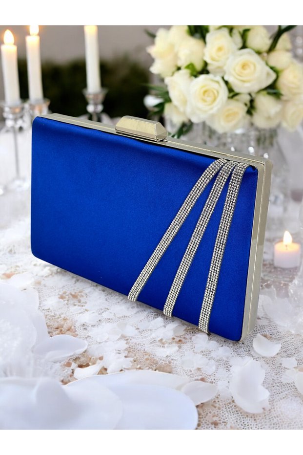 Cobalt Blue Color Satin Cross Silver Crystal Stone Women's Evening Dress Bag Wedding Engagement Graduation
