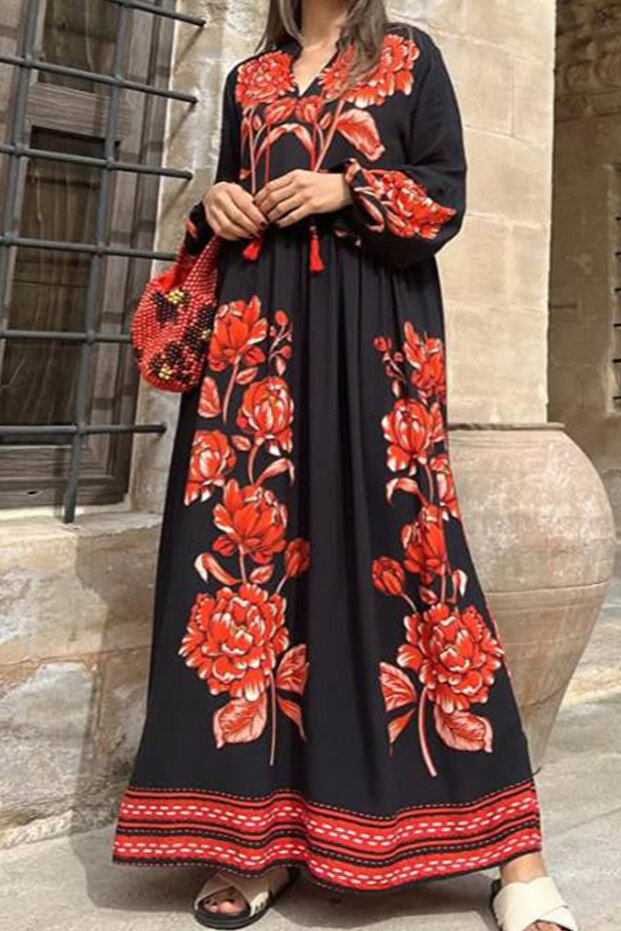 Women's Black Lace-Up Placket Collar Patterned Long Sleeve Long Dress
