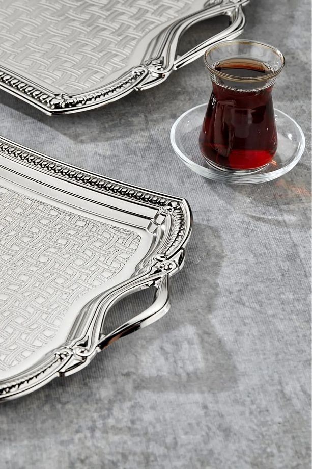 Tepsi Silver 2'li Ikramlık Sunumluk Servis Ve Çay Tepsisi Çay Ve Kahve Tepsisi Kulplu Çay Tepsisi - 4