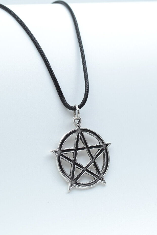 Pentagram Yıldızı Gümüş Kaplama Deri İp Kolye - 1