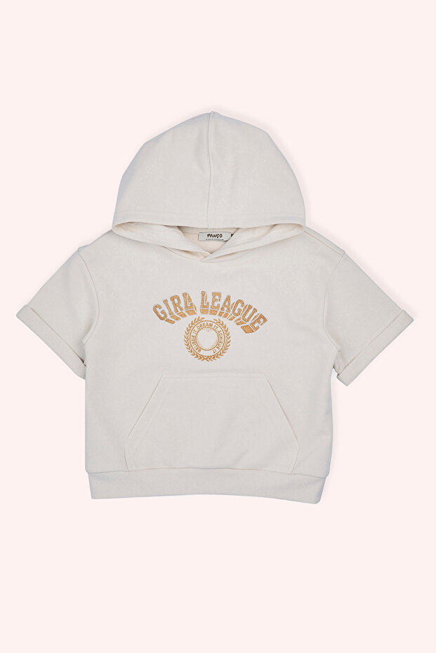 Girl's Hooded Short Sleeve Front Size Beige Sweatshirt with Glitter Embroidery Pocket