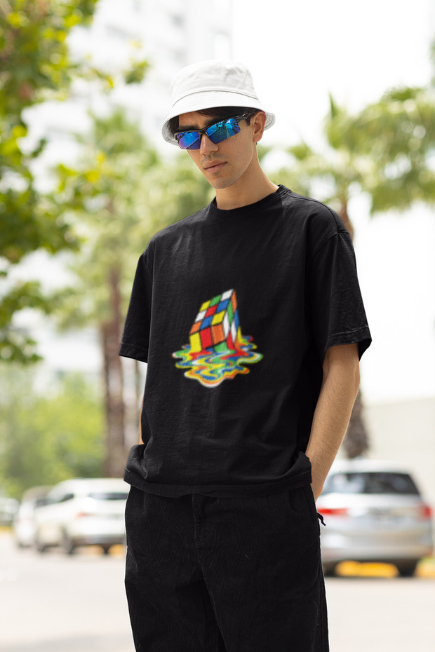 Colorful Cube Printed Men's Cycling Collar Cotton Oversize Short Sleeve T-Shirt