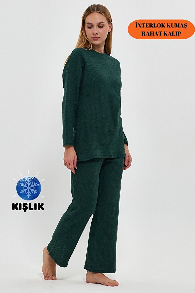 Women's Emerald Comfortable Oversize Interlock Thick Winter Ribbed Casual Home Wear Pajama Set