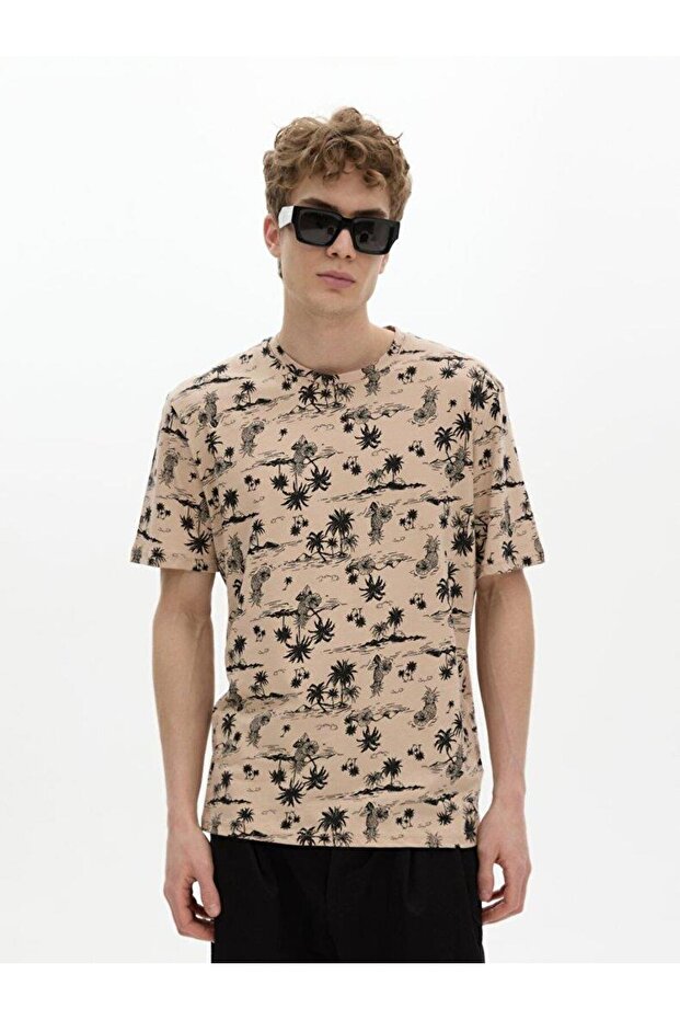 Palmiye Desenli Bej T-shırt - 2