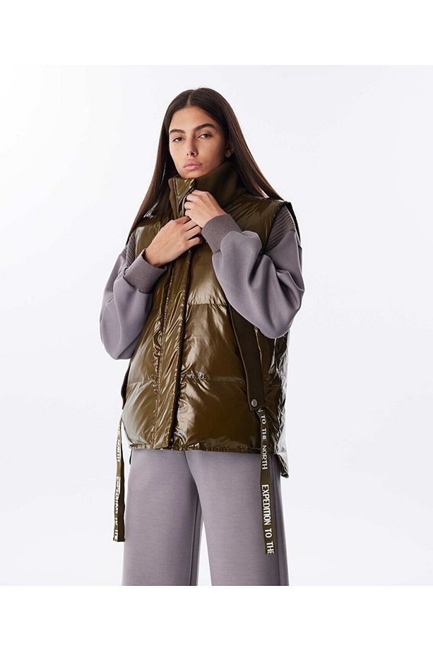 Slogan şeritli puffer yelek - 1