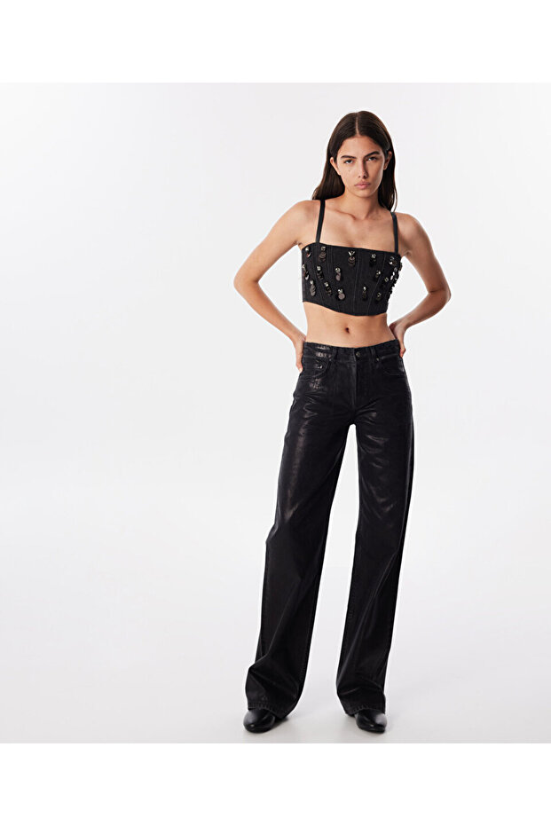 İşlemeli jean büstiyer - 2