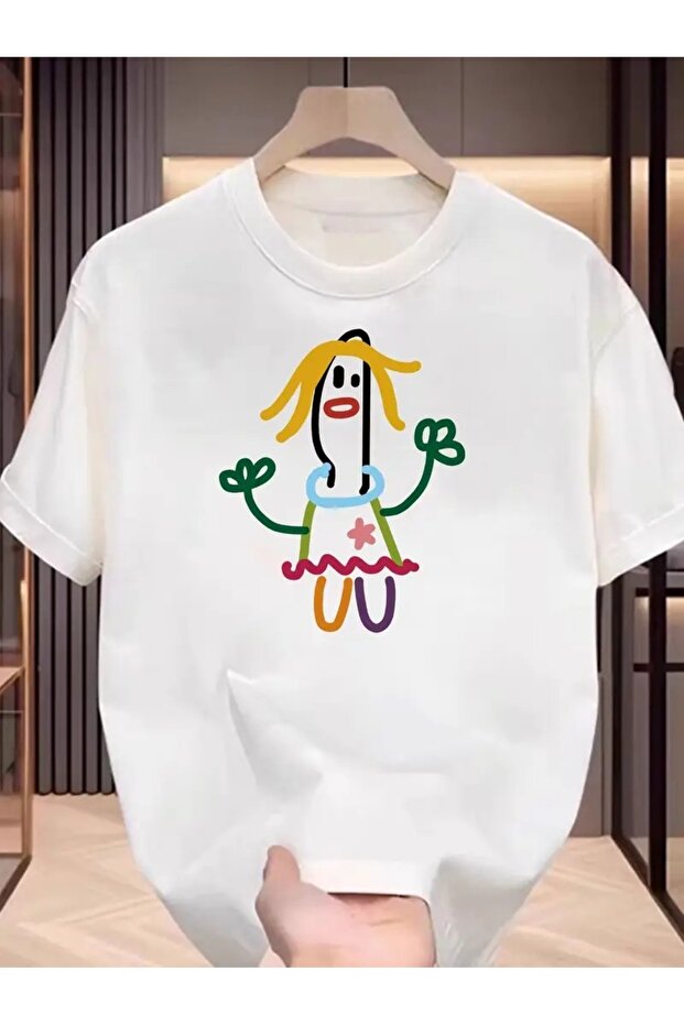 Unisex Paint Drawing Girl Printed Oversize 100% Cotton T-Shirt