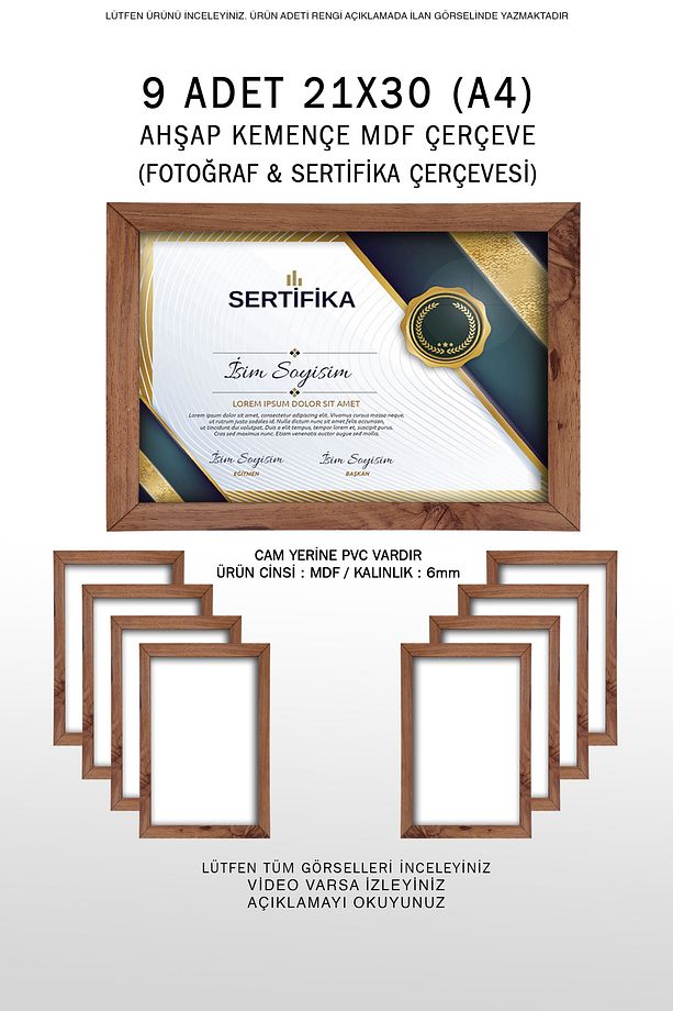 9 Adet 21x30 Çerçeve - A4 Çerçeve - Mdf Ahşap Çerçeve - Sertifika Çerçevesi - Diploma Çerçevesi - 1