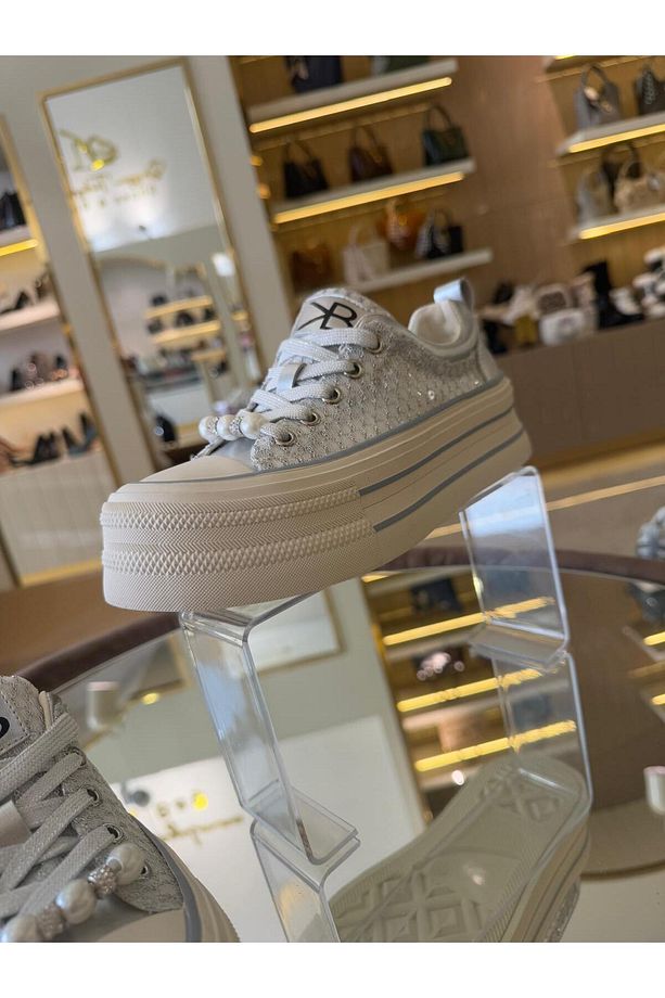 İthal Yüksek Taban Transparan-Pullu Bağcıklı Sneakers - 4