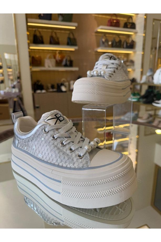 İthal Yüksek Taban Transparan-Pullu Bağcıklı Sneakers - 2