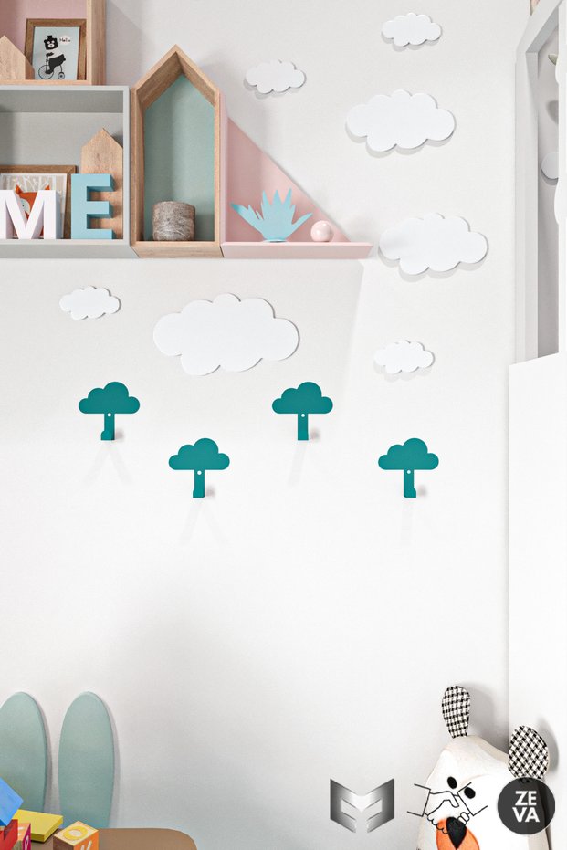 Metal Cloud-Shaped 4 Pcs Hangers for Green Children's Rooms - Durable Design Wall Mounted Hanger