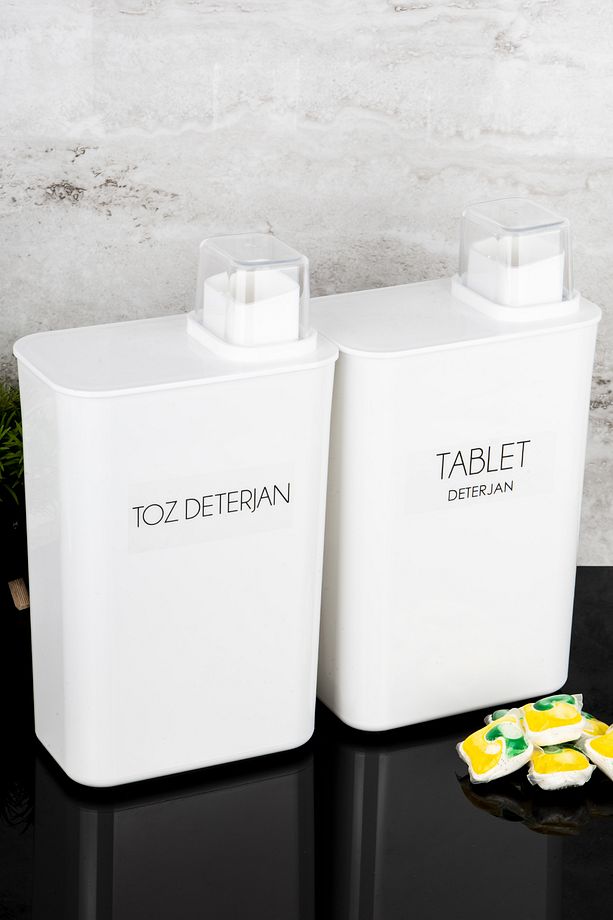 2'li Kendinden Ölçekli Deterjan Kutusu Seti Toz Deterjan Tablet Deterjan Etiketli 3000ml Deterjanlık - 3