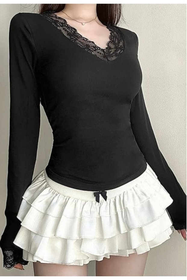 Harajuku Lolita Lace V-Neck Blouse with Ruched Sleeve Detail