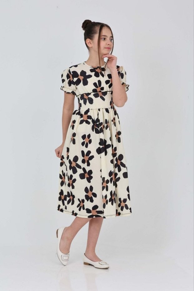 Girl's Floral Patterned Waist Detail Long Dress
