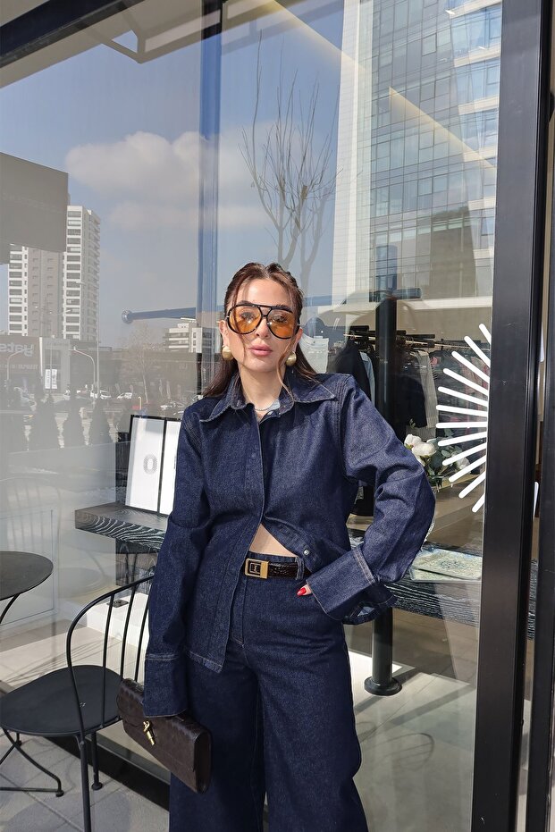 Contrast Stitched Denim Suit with Padded Shoulders