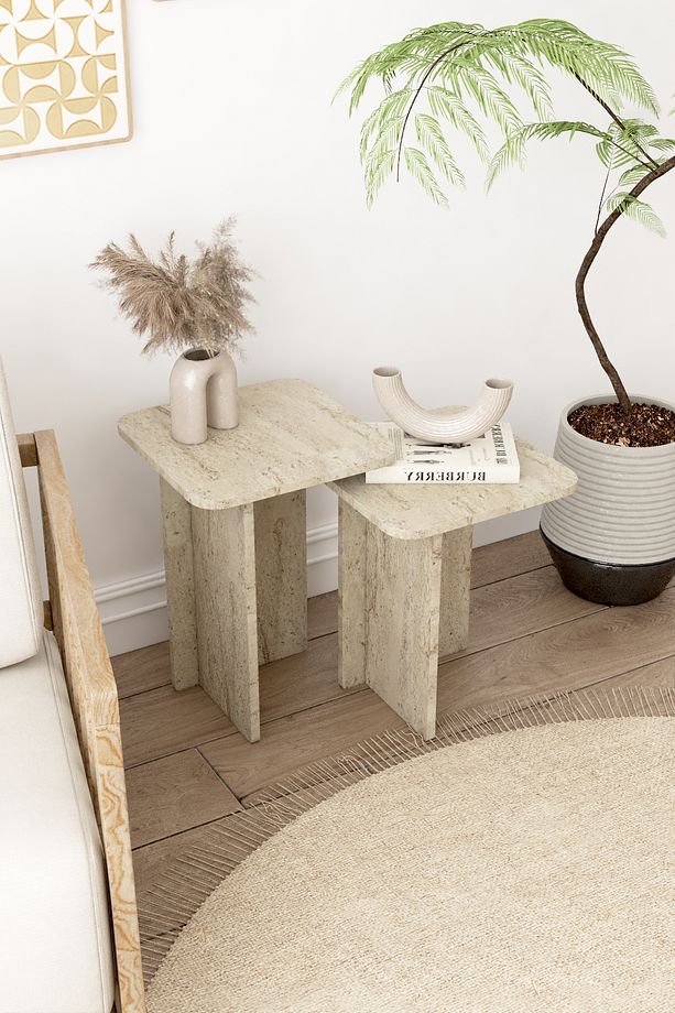 Kare Zigon Sehpa Takımı, 2 li Set, Yan Sehpa - Traverten Desen - 2