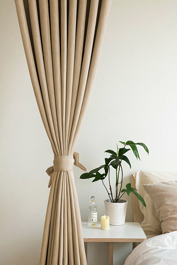 Kadife Görünümlü Kalın Fon Perde Bej - 1