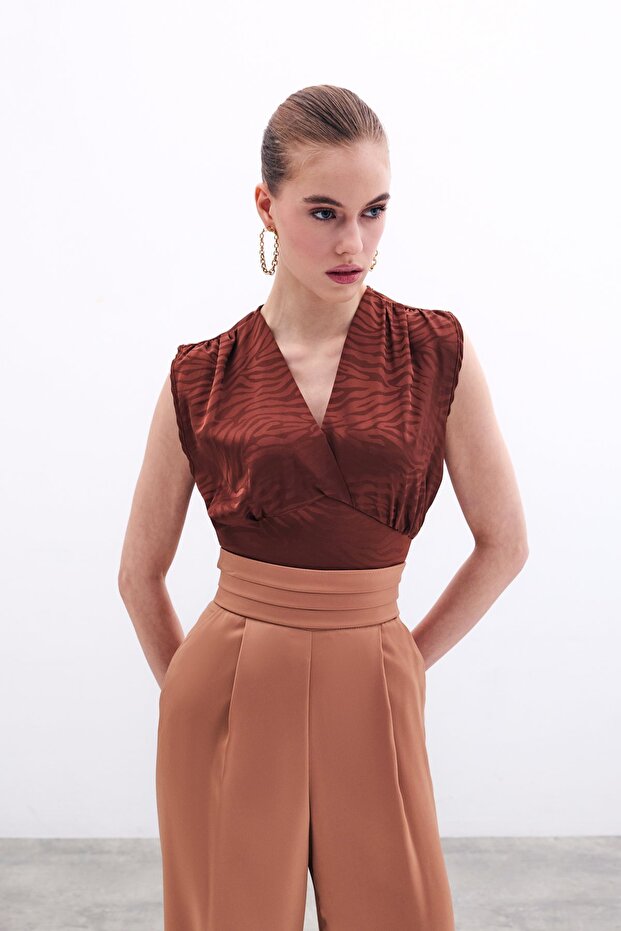 Double-Breasted Patterned Satin Blouse - Brown - 2