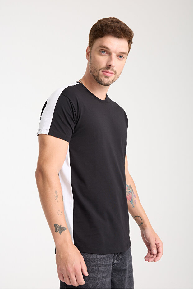 Black Crew Neck Garni Detailed Cotton Men's Basic