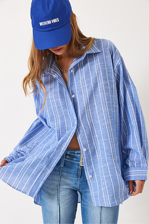 Women's Blue Pinstripe Oversize Shirt 2024 60271047