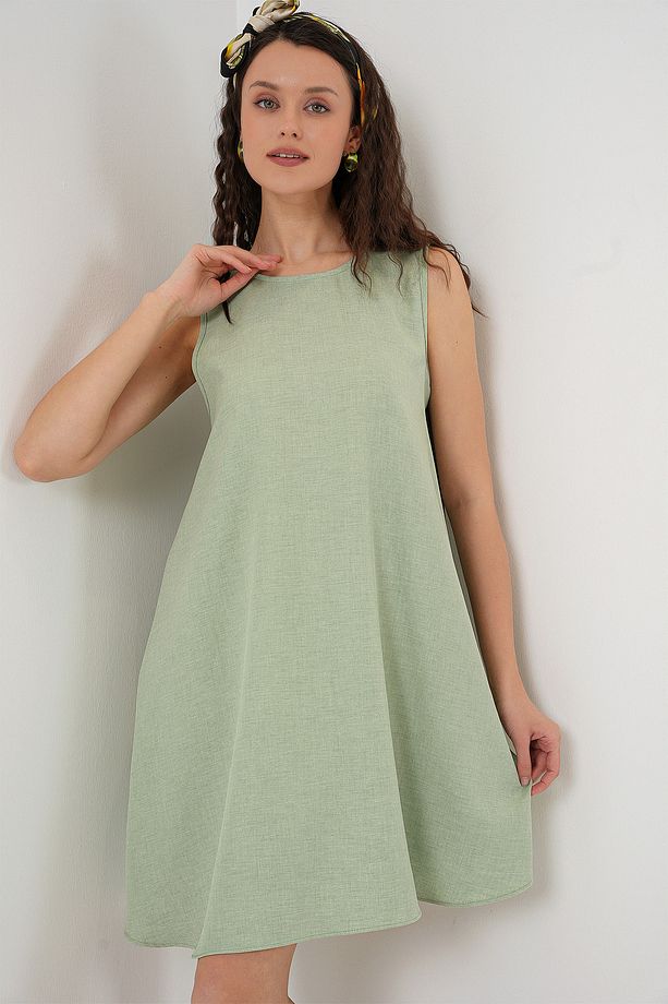 2444 Mini Keten Elbise - E.Yeşil - 4