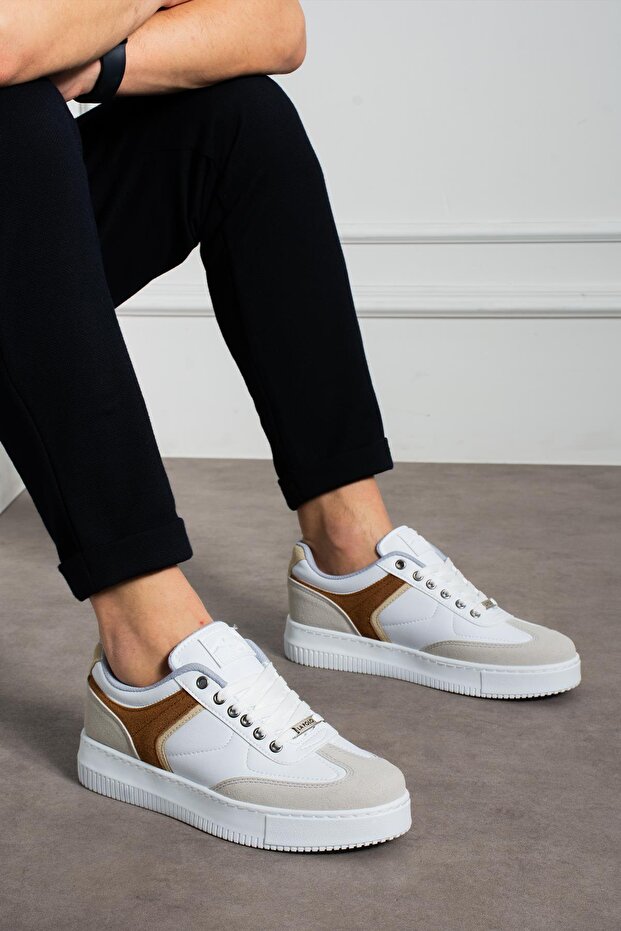 Suede Detailed Thick Sole White Beige Men's Sneakers