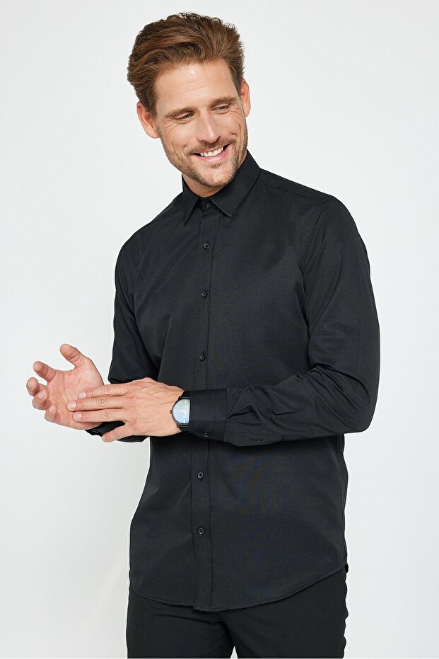 Modern Slim Fit Long Sleeve Cotton Easy Iron Dobby Men's Black Shirt