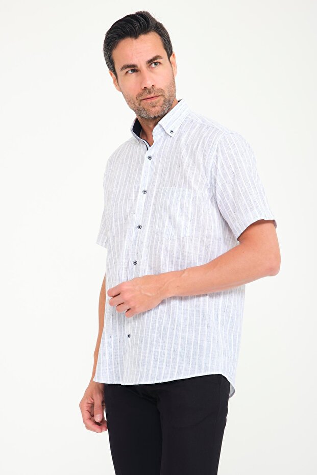 Classic Short Sleeve Armure Striped Flam Linen Button-Down Collar Gift Boxed Men's Shirt Fs-000678 - White a