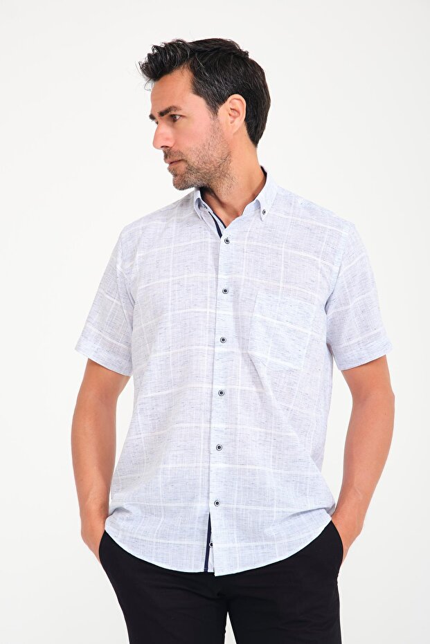 Classic Short Sleeve Big Square Flam Linen Button-Down Collar Gift Boxed Men's Shirt Fs-000714 - Navy Blue