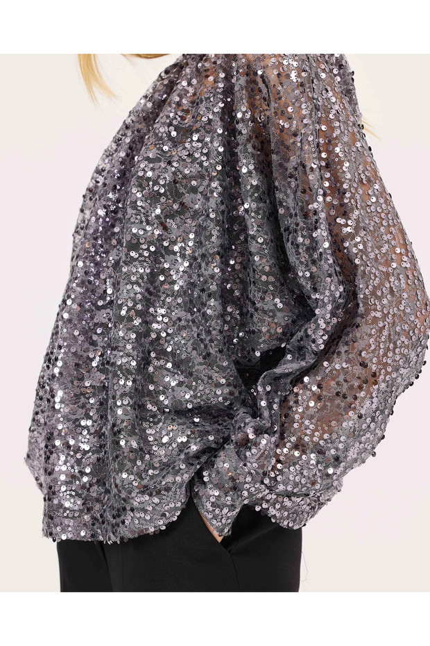 Dik Yaka Payetli Şık Bluz - 7
