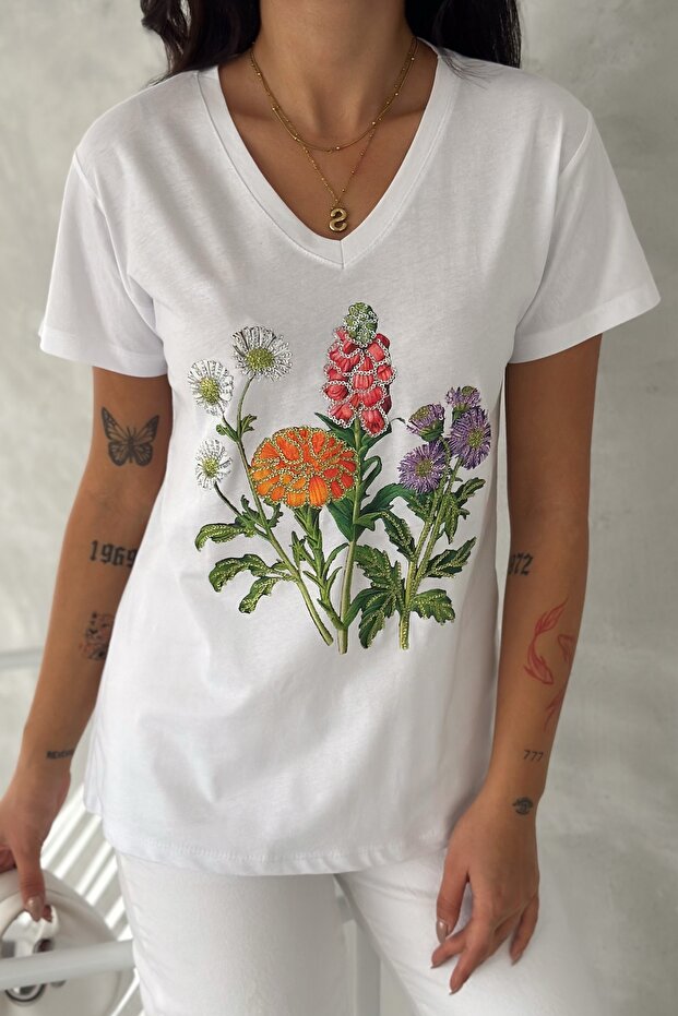 Women's White V-Neck Flower Pattern Sequin Embroidered 100% Cotton T-Shirt