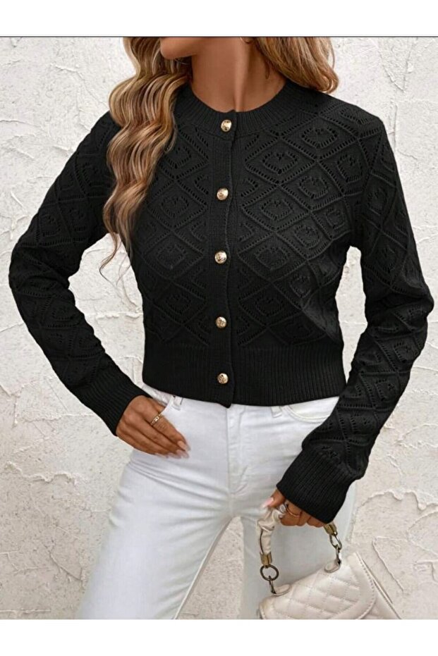 سترة صوفية مخرمة بنمط الماس وأزرار متوسطة - 6