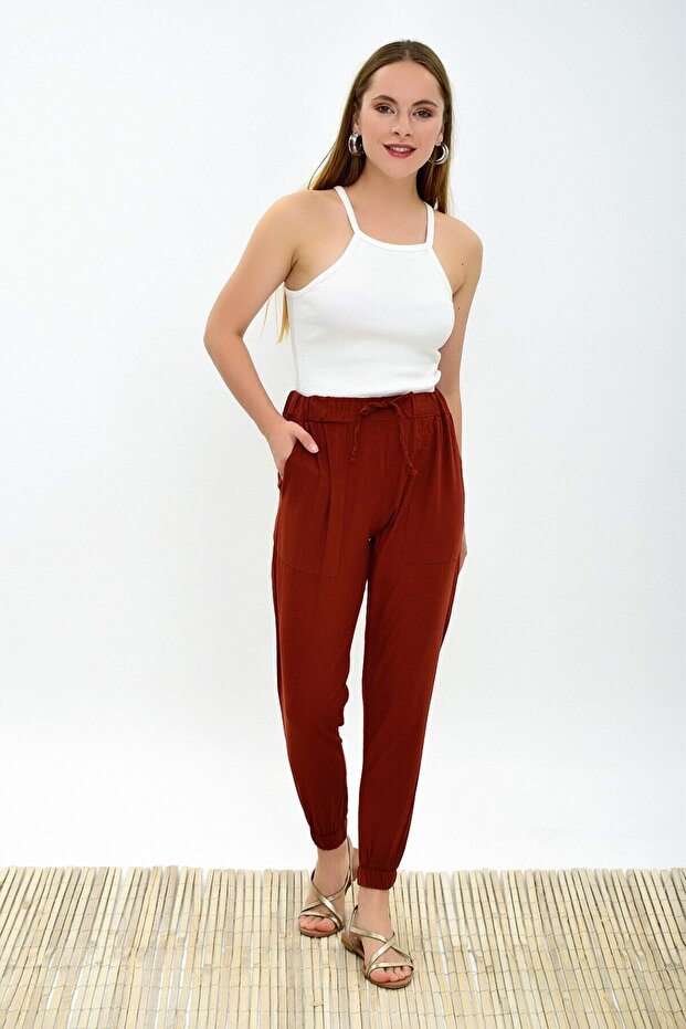 9312972 Linen Pocketed Lace-Up Trousers Tile