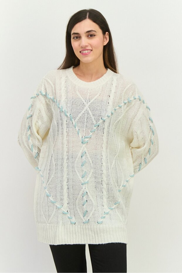 Women Round Neck Textured Sweater, Cream