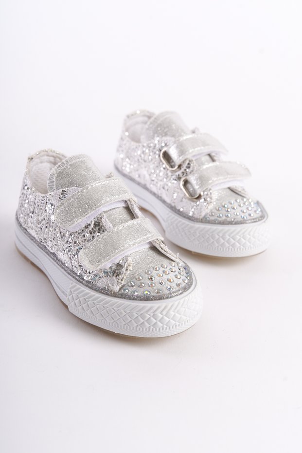 New Season Stoned Velcro Silver Orthopedic Girls Shoes, Girls' Sports Shoes 21-30 Illuminated
