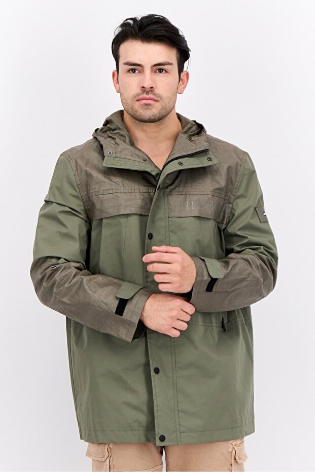 جاكيت باركا سادة بغطاء رأس للرجال، زيتوني - 1