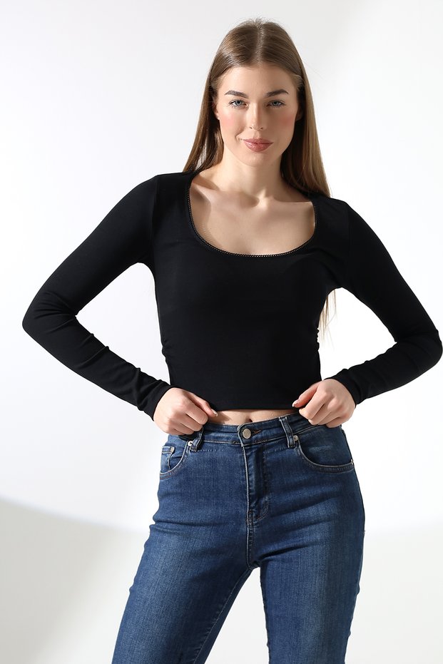 Long Sleeve U Lace Collar Crop Cut Basic Plain Women's T-Shirt 21946 Black