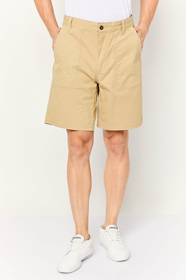 Men Plain Basic Shorts, Khaki - 1