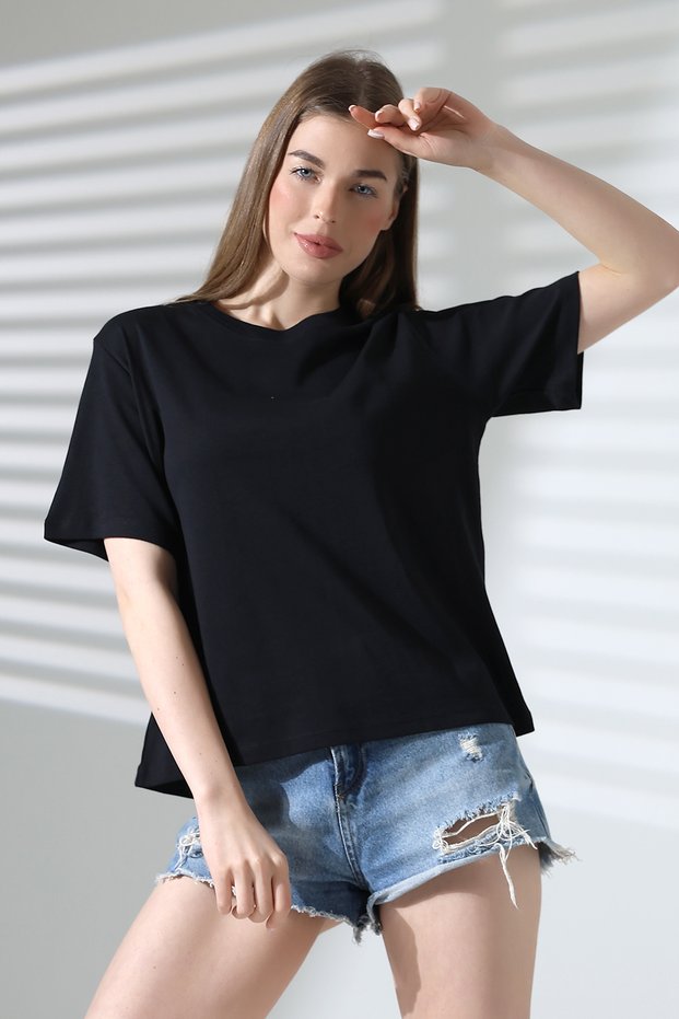 100% Cotton Rib Fabric Crew Neck Short Sleeve Oversize Basic Plain Women's T-Shirt 21964 Black