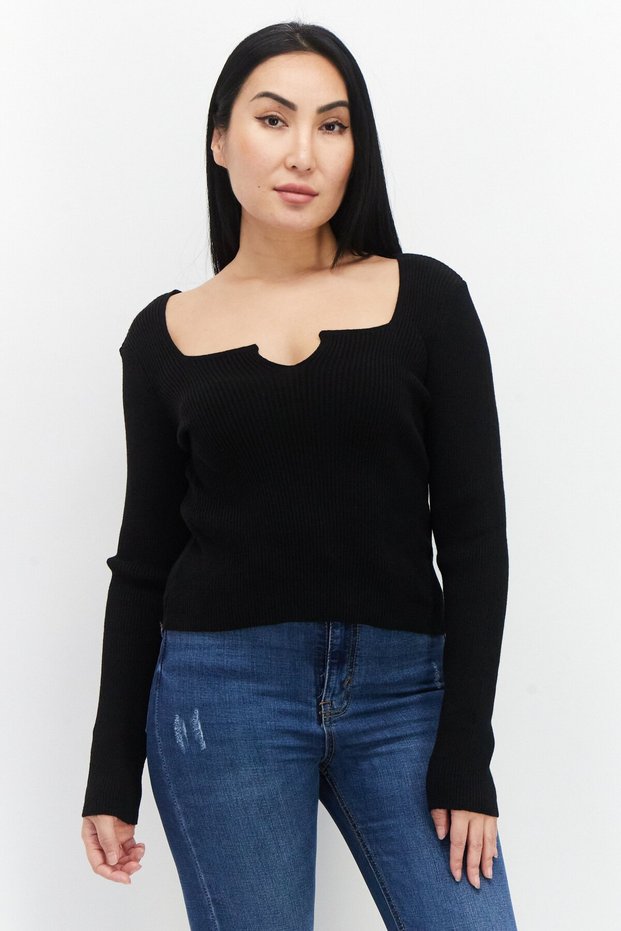 Women Horseshoe Neckline Long Sleeves Ribbed Top, Black