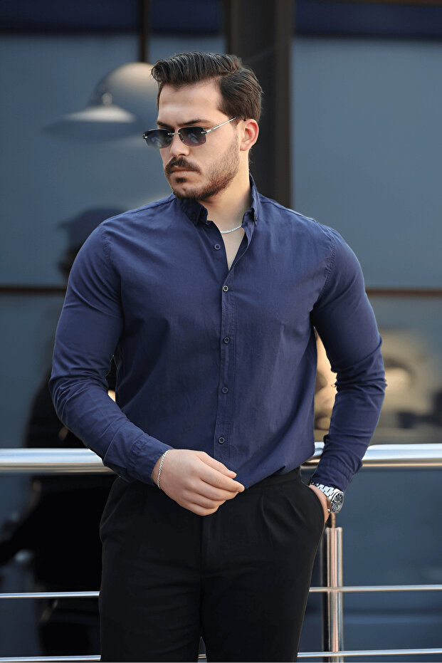 York Linen Men's Shirt - Navy Blue