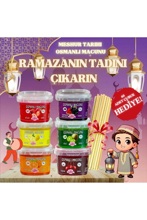 Osmanlı Macunu Meyveli 6 Adet X 300 Gr. Ev Seti 60 Adet Macun Çubuğu Hediyeli - 1