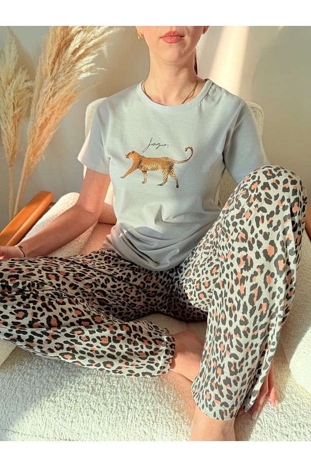 Leopar Desenli Pamuklu Kısa Kol Örme Pijama Takımı - 5