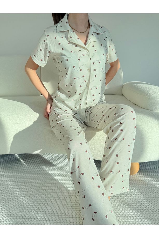 Ekru Minik Uğur Böceği  Desenli Pamuklu Kısa Kol Gömlek Yaka Pijama Takımı - 7