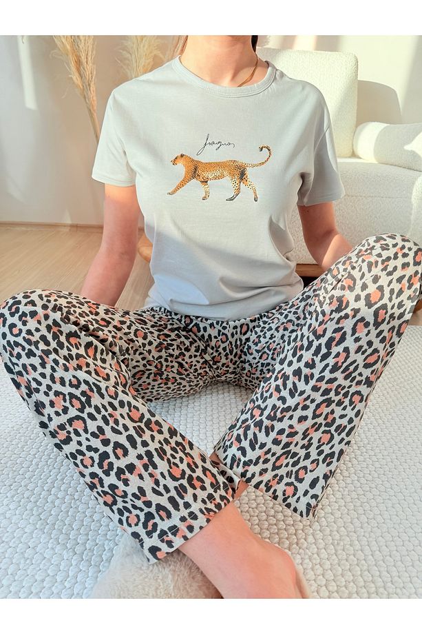 Leopar Desenli Pamuklu Kısa Kol Örme Pijama Takımı - 1