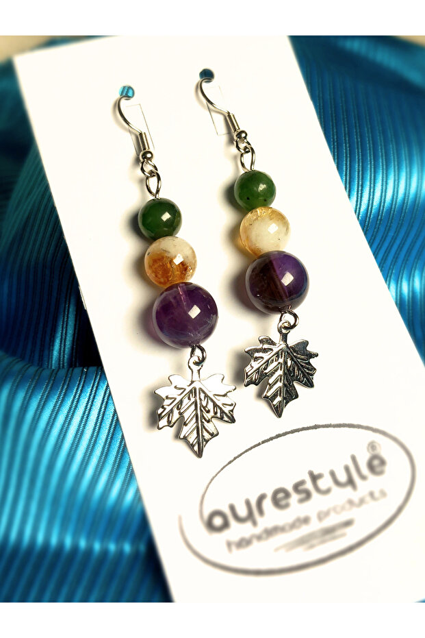 Women's Natural Stone Earrings – Amethyst Citrine Jade – Handmade Earrings with Leaf Figures