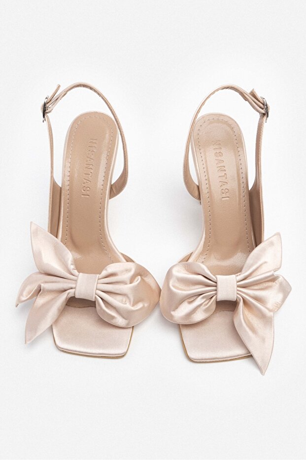 Lorea bézs szatén masni részletes női sarkú cipő - 5