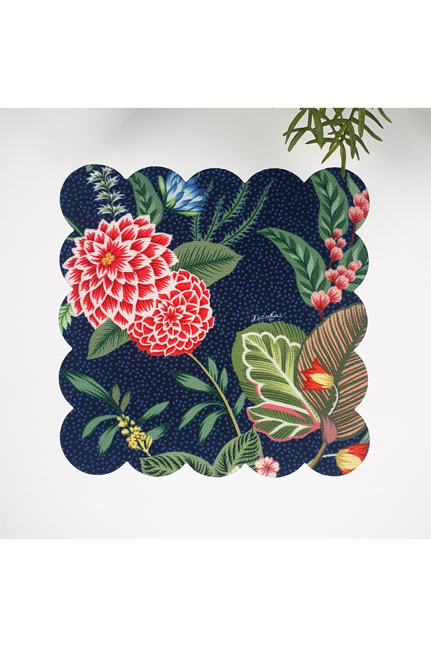 Navy Blue Ground Botanical Floral Laser Cut Fabric Cocktail Napkin 1 Piece